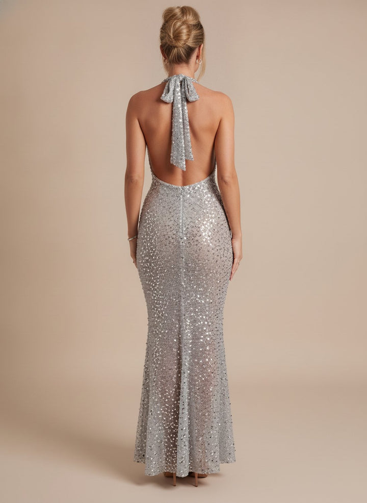 Women's Silver Halter-Neck Sequin Maxi Dress