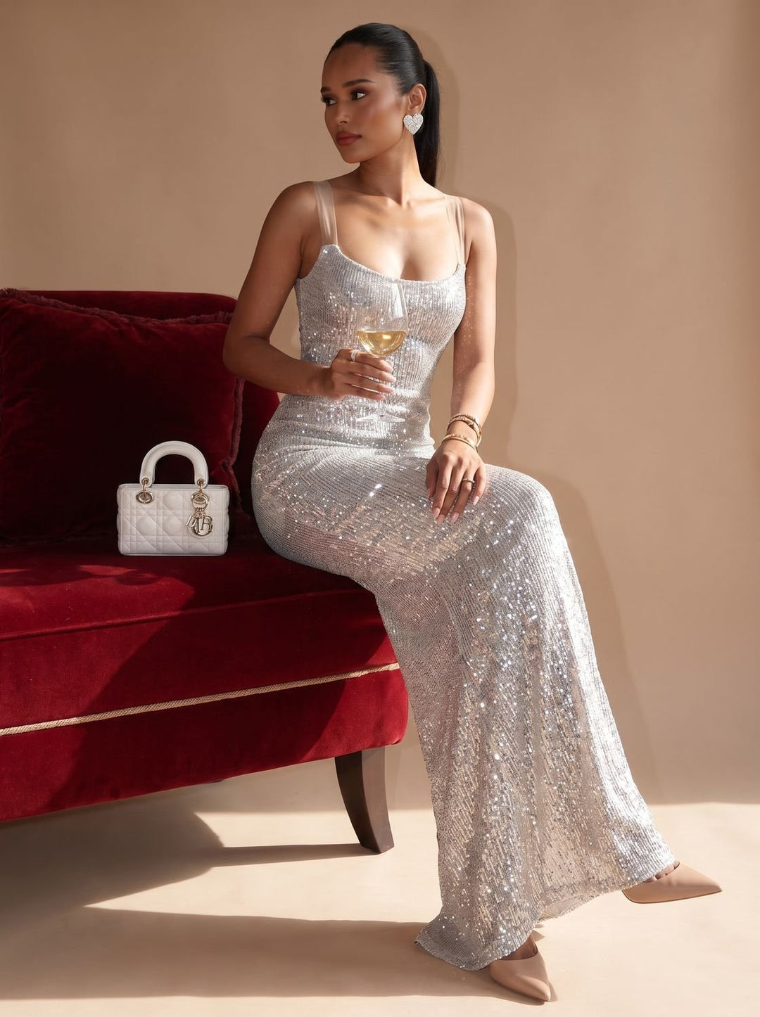 Women's Silver Maxi Sequin Dress Square-Neck Thin-Strap Bodycon Gown - Silver