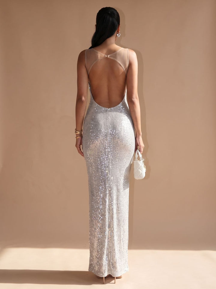 Women's Silver Maxi Sequin Dress Square-Neck Thin-Strap Bodycon Gown