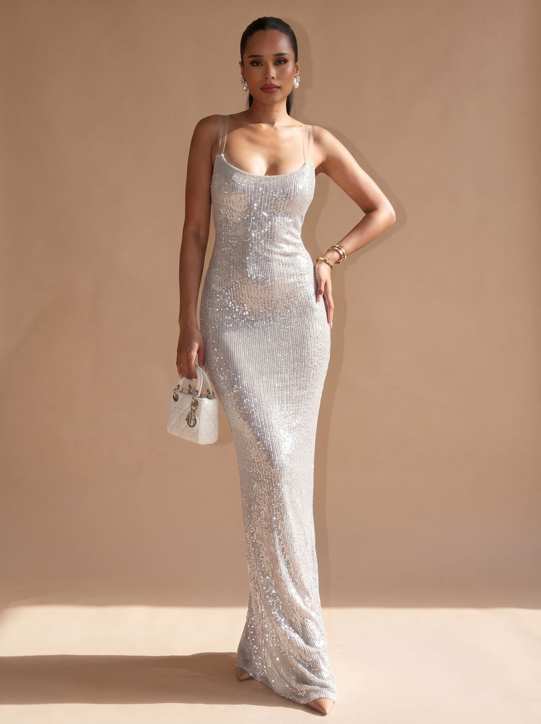 Women's Silver Maxi Sequin Dress Square-Neck Thin-Strap Bodycon Gown