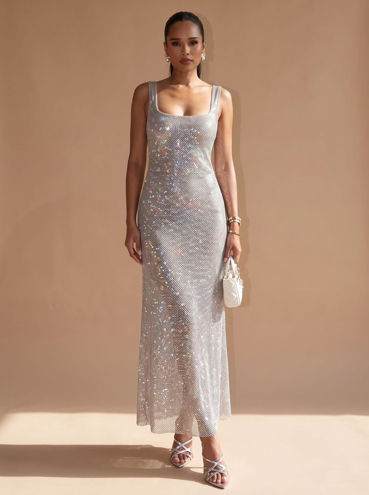Women's Silver Maxi Sequin Dress Square-Neck Thin-Strap Bodycon Gown