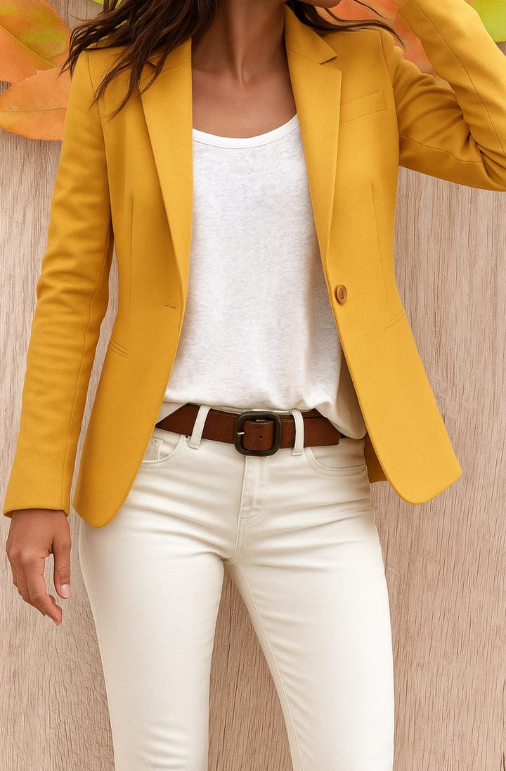 Women's Single Button Fitted Office Blazer Tailored Jacket - Yellow