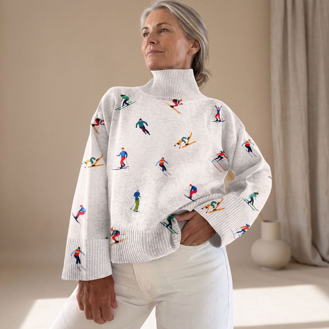 Women's Skier-Print Turtleneck Knit Sweater - White