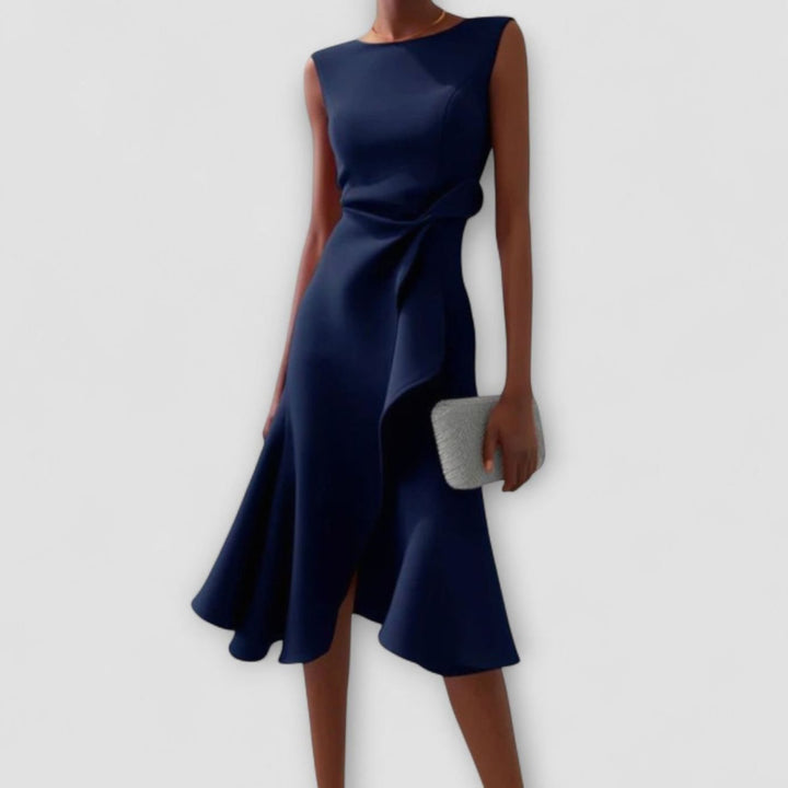 Women's Sleeveless Asymmetrical Drape Flowy Midi Dress - Navy Blue