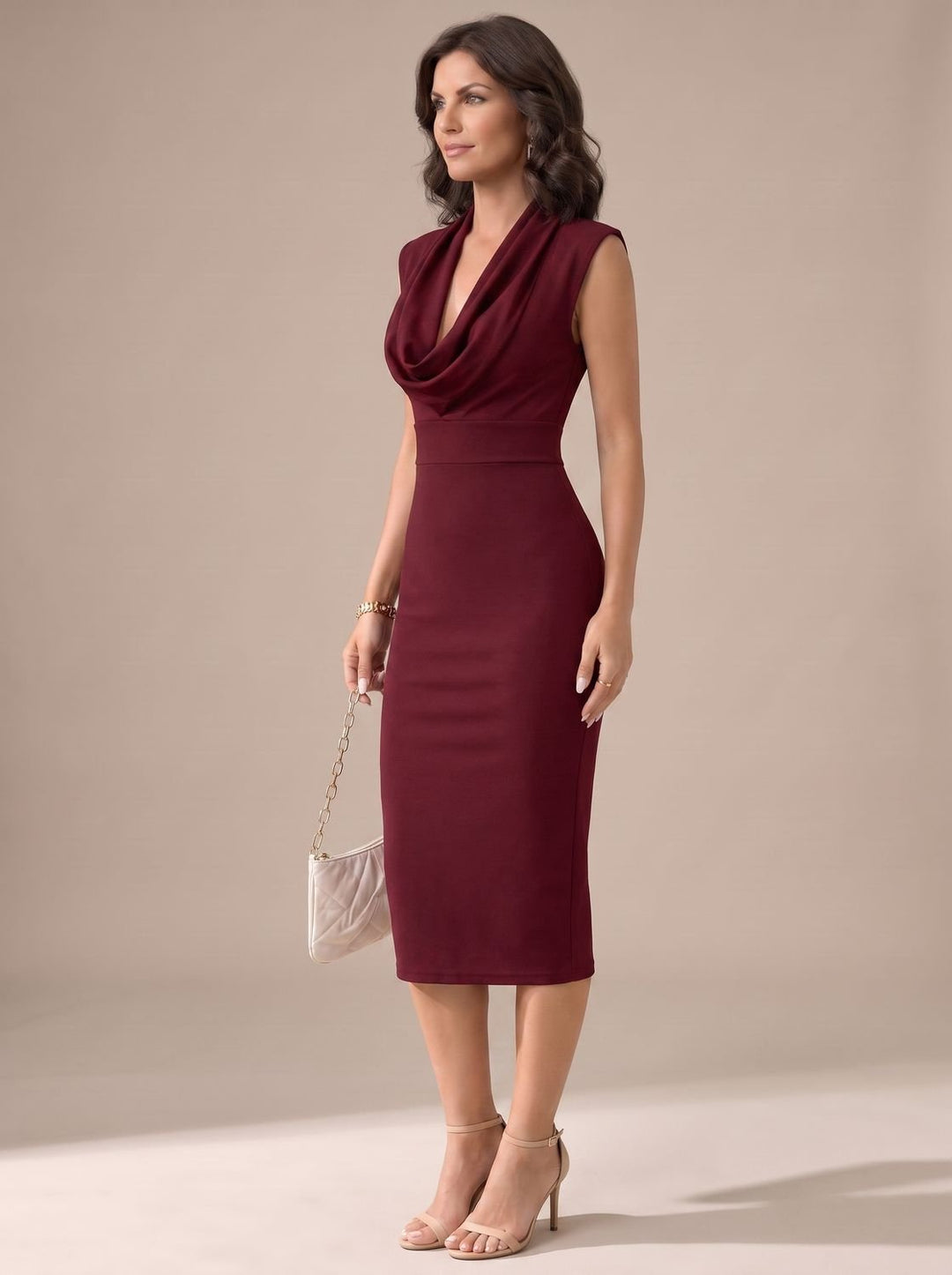 Women's Sleeveless Cowl V-Neck Body-Skimming Pencil Midi Dress