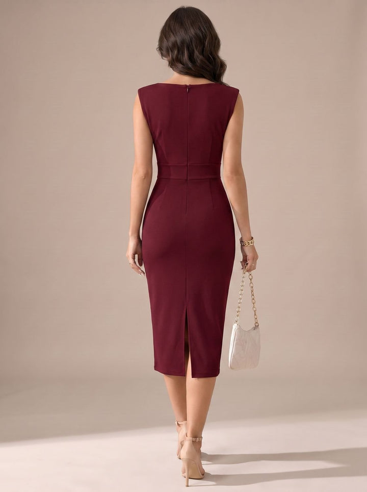 Women's Sleeveless Cowl V-Neck Body-Skimming Pencil Midi Dress