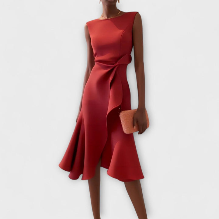 Women's Sleeveless Draped Asymmetric Midi Cocktail Party Dress - Red