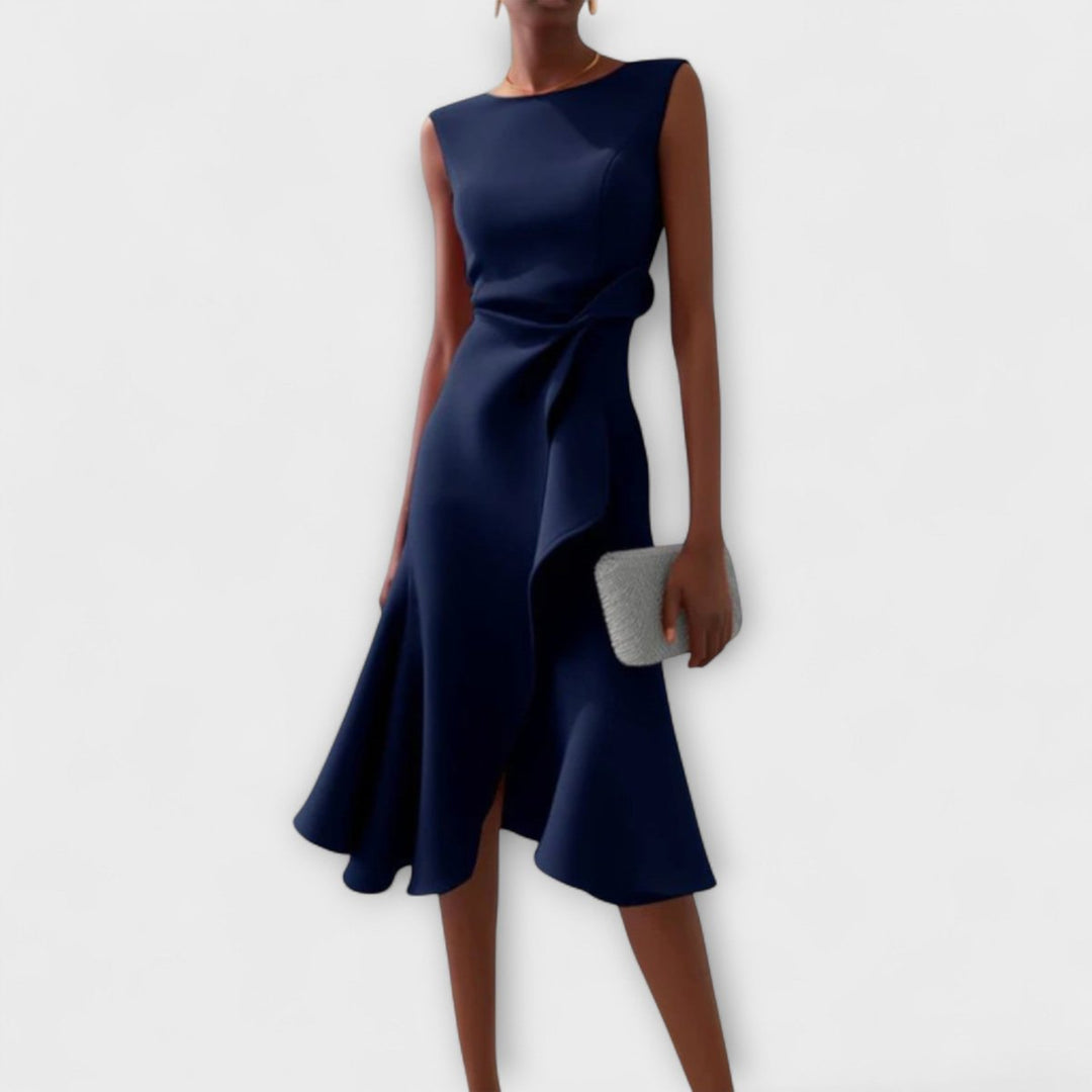 Women's Sleeveless Draped Asymmetric Midi Cocktail Party Dress - Navy Blue