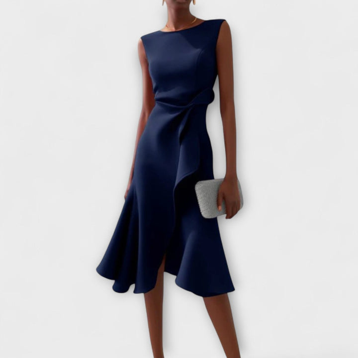 Women's Sleeveless Draped Asymmetric Midi Cocktail Party Dress - Navy Blue