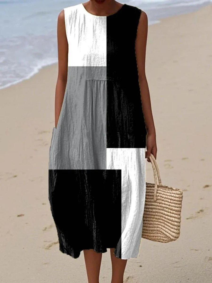 Women's Sleeveless Geometric Print Flowy Midi Dress - Black