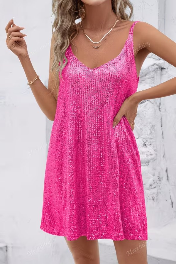 Women's Sleeveless Sequin Mini Evening Gown Cocktail Dress - Red Rose