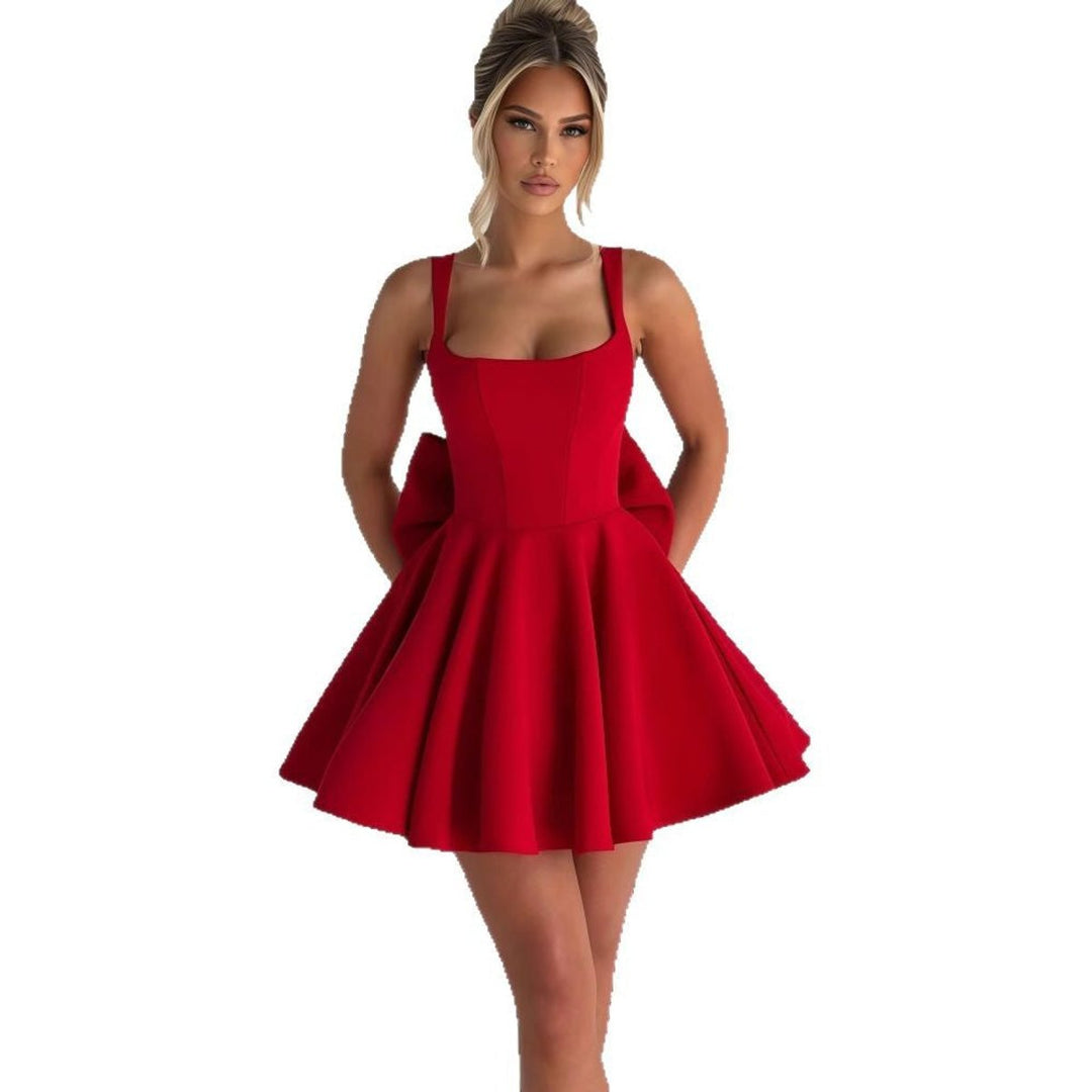 Women's Sleeveless Square-Neck Oversized Bow A-Line Cocktail Dress