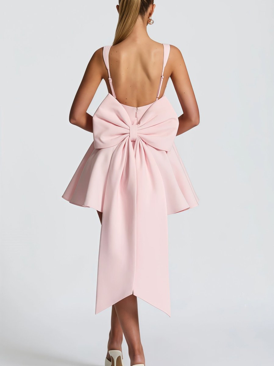 Women's Sleeveless Square-Neck Oversized Bow A-Line Cocktail Dress - Pink