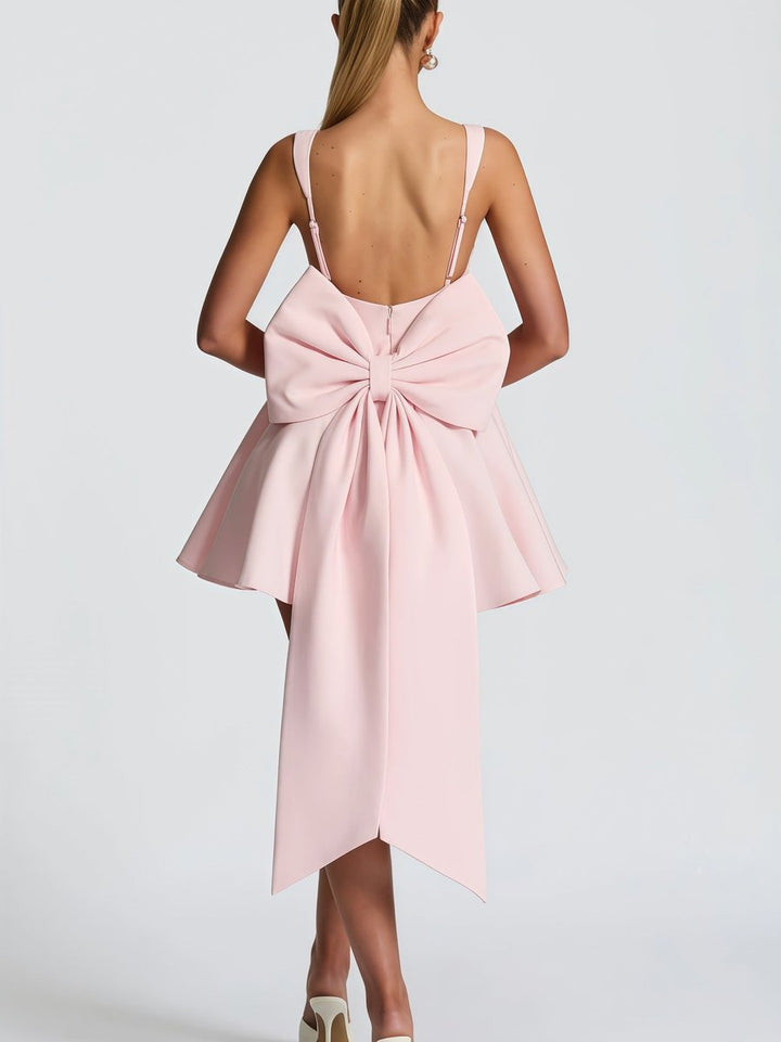 Women's Sleeveless Square-Neck Oversized Bow A-Line Cocktail Dress - Pink