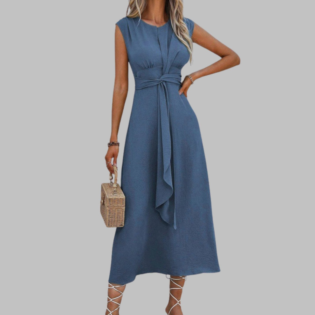 Women's Sleeveless Tie-Waist Round Neck Midi Cocktail Dress - Blue