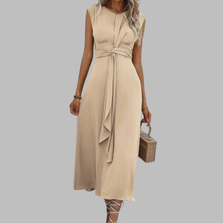 Women's Sleeveless Tie-Waist Round Neck Midi Cocktail Dress - Apricot