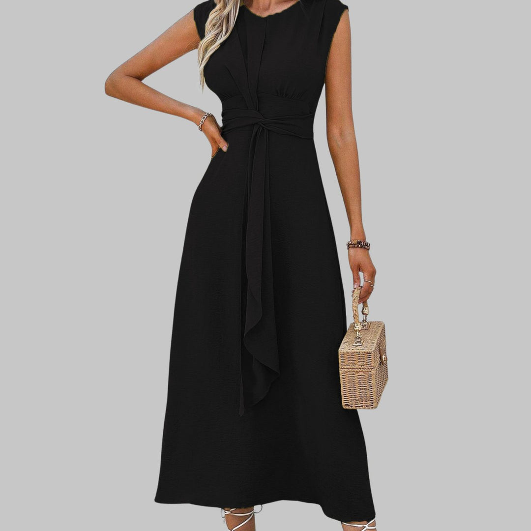 Women's Sleeveless Tie-Waist Round Neck Midi Cocktail Dress - Black