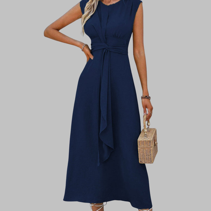 Women's Sleeveless Tie-Waist Round Neck Midi Cocktail Dress - Dark Blue