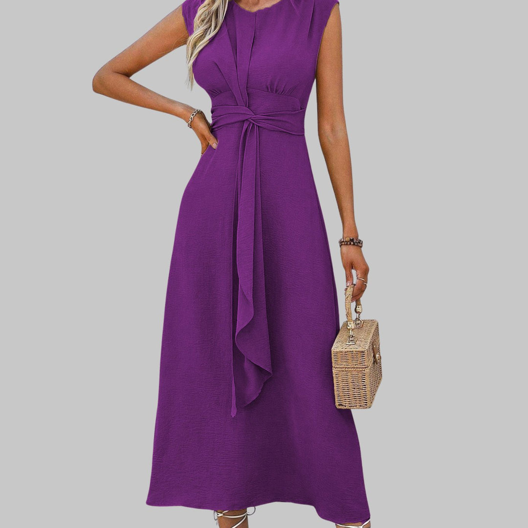 Women's Sleeveless Tie-Waist Round Neck Midi Cocktail Dress - Purple
