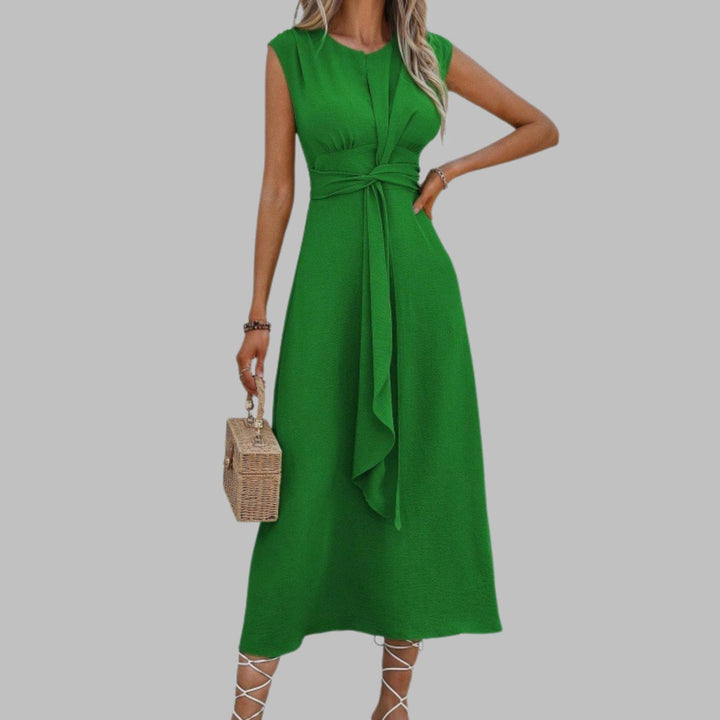 Women's Sleeveless Tie-Waist Round Neck Midi Cocktail Dress - Green