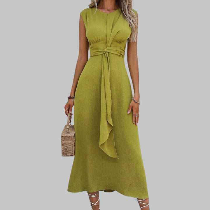Women's Sleeveless Tie-Waist Round Neck Midi Cocktail Dress - Yellow