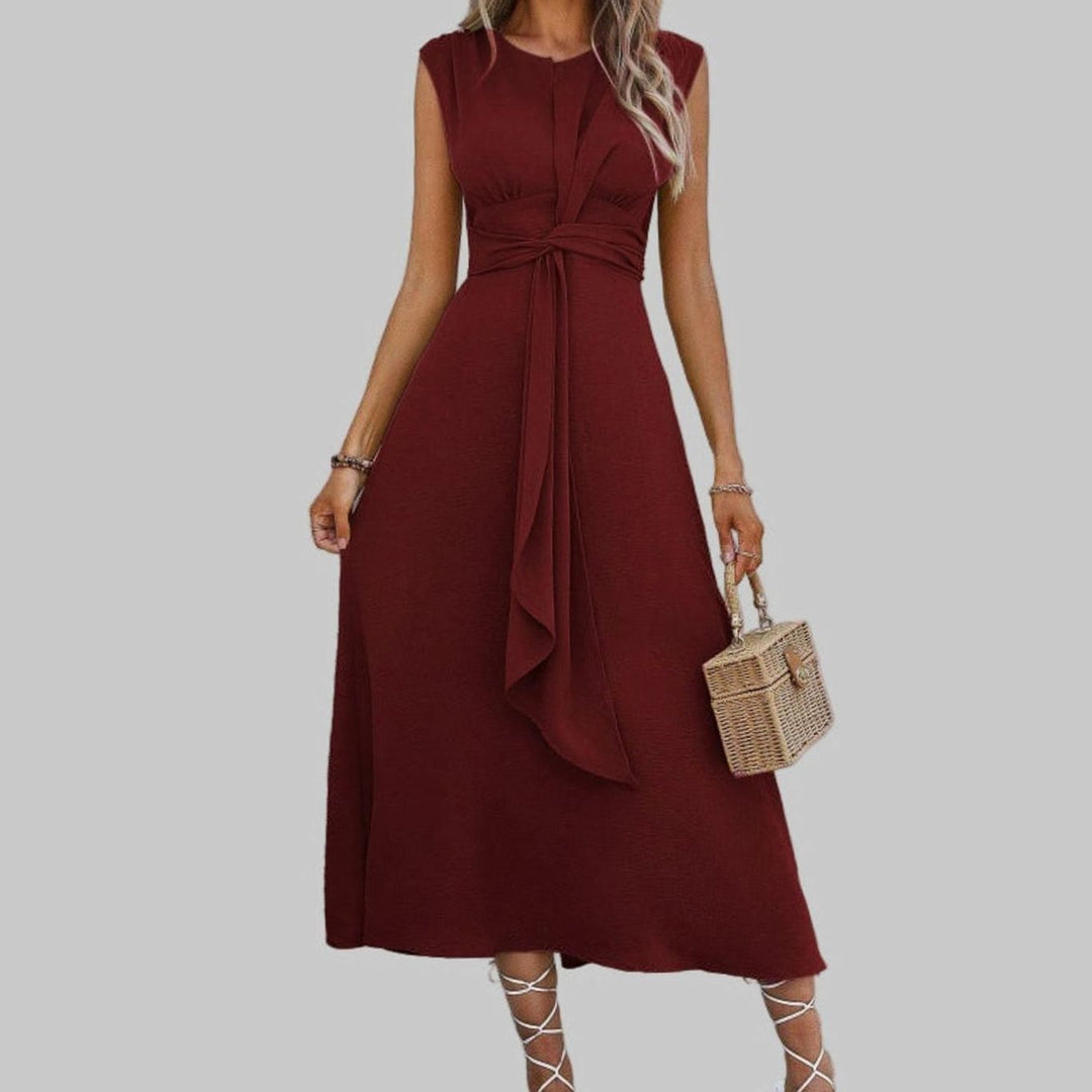 Women's Sleeveless Tie-Waist Round Neck Midi Cocktail Dress - Maroon