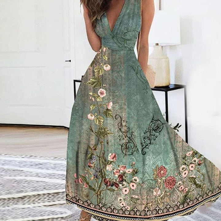 Women's Sleeveless V-Neck Floral Maxi Dress - Flower 2