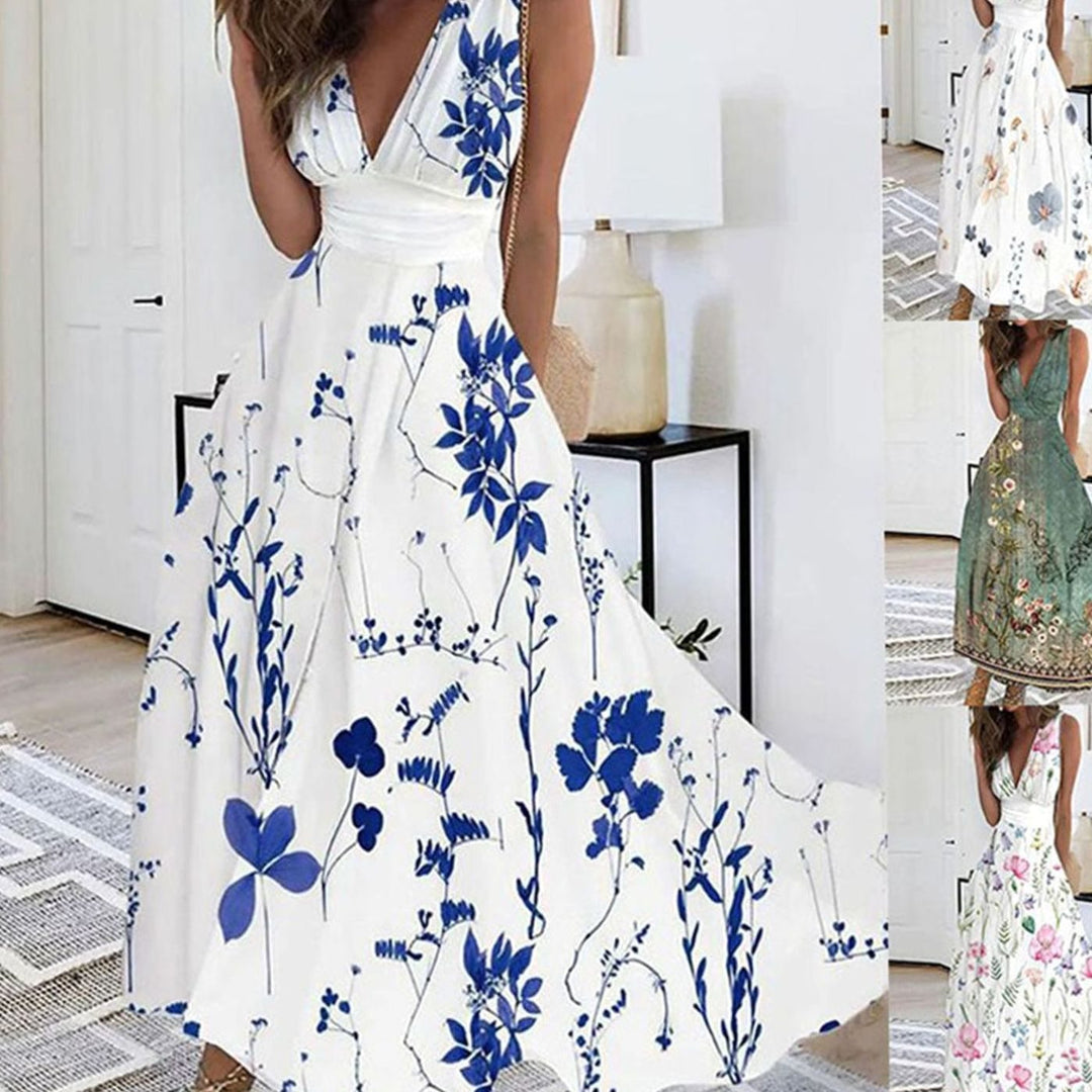 Women's Sleeveless V-Neck Floral Maxi Dress