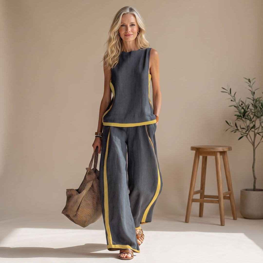 Women's Sleeveless Vest Wide-Leg Pants Two-Tone Co-ord Set - Gray