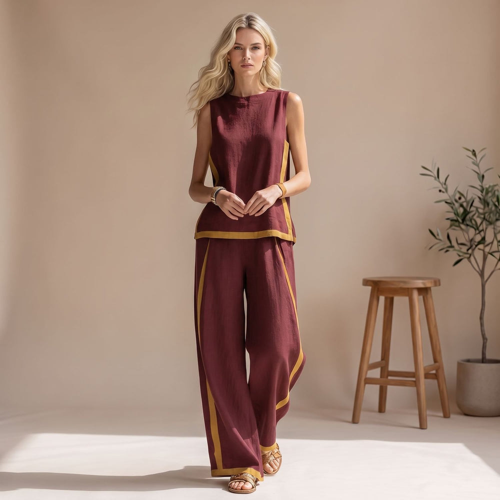Women's Sleeveless Vest Wide-Leg Pants Two-Tone Co-ord Set - Burgundy