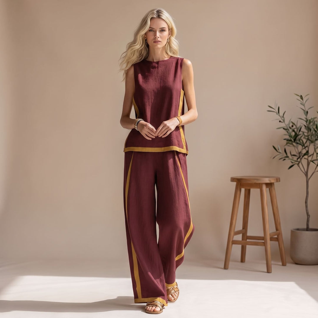 Women's Sleeveless Vest Wide-Leg Pants Two-Tone Co-ord Set - Burgundy