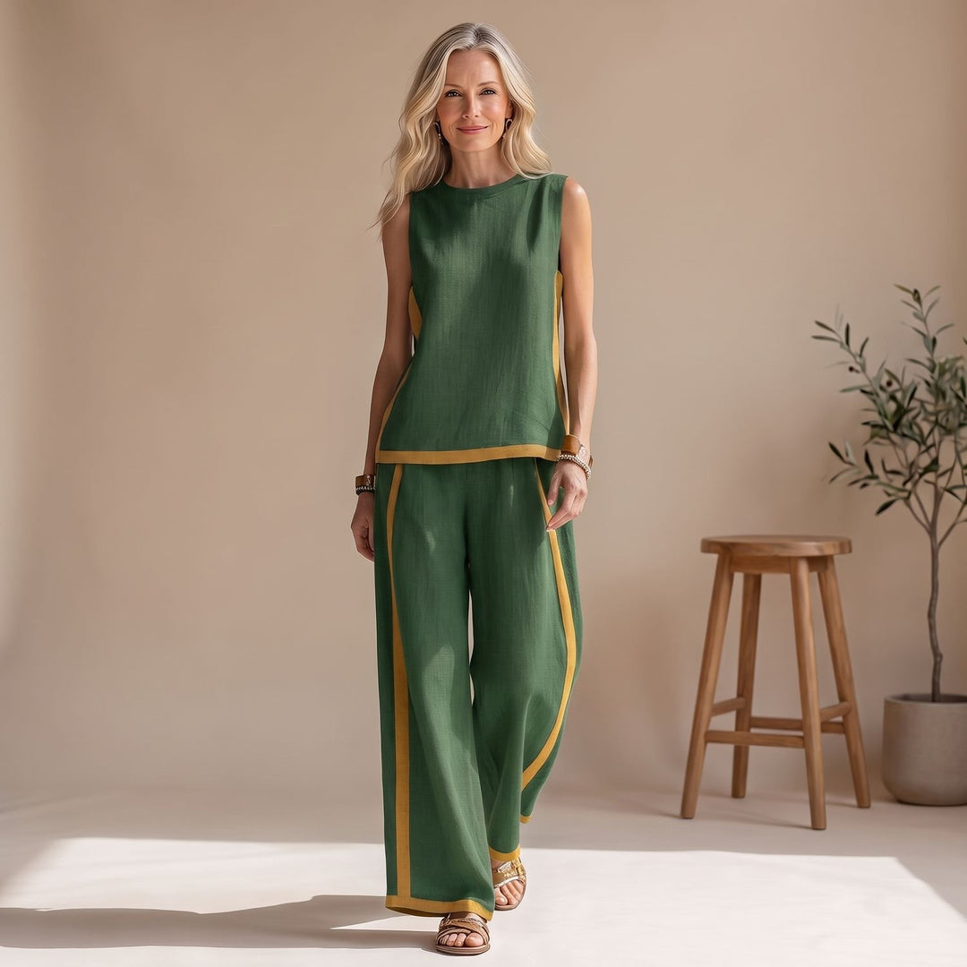Women's Sleeveless Vest Wide-Leg Pants Two-Tone Co-ord Set - Green