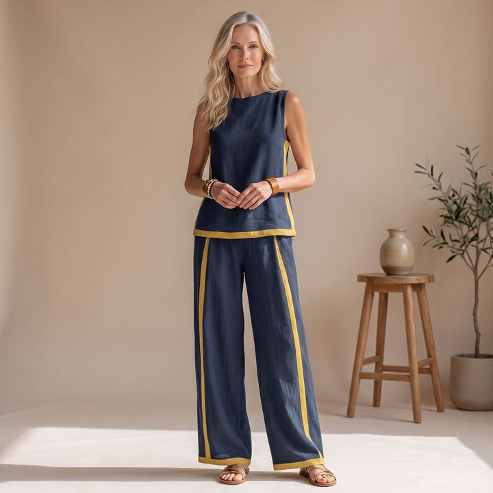 Women's Sleeveless Vest Wide-Leg Pants Two-Tone Co-ord Set - Navy Blue