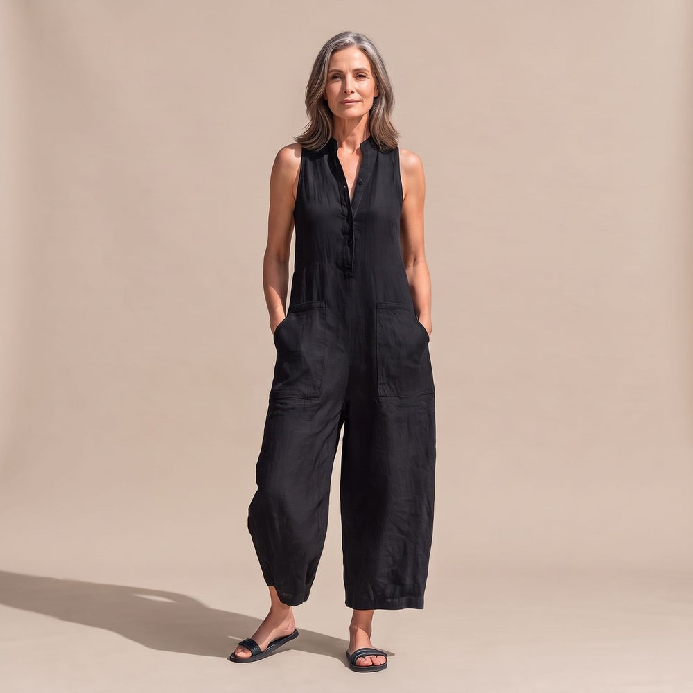 Women's Sleeveless Wide-Leg Linen Jumpsuit with Pockets - Black