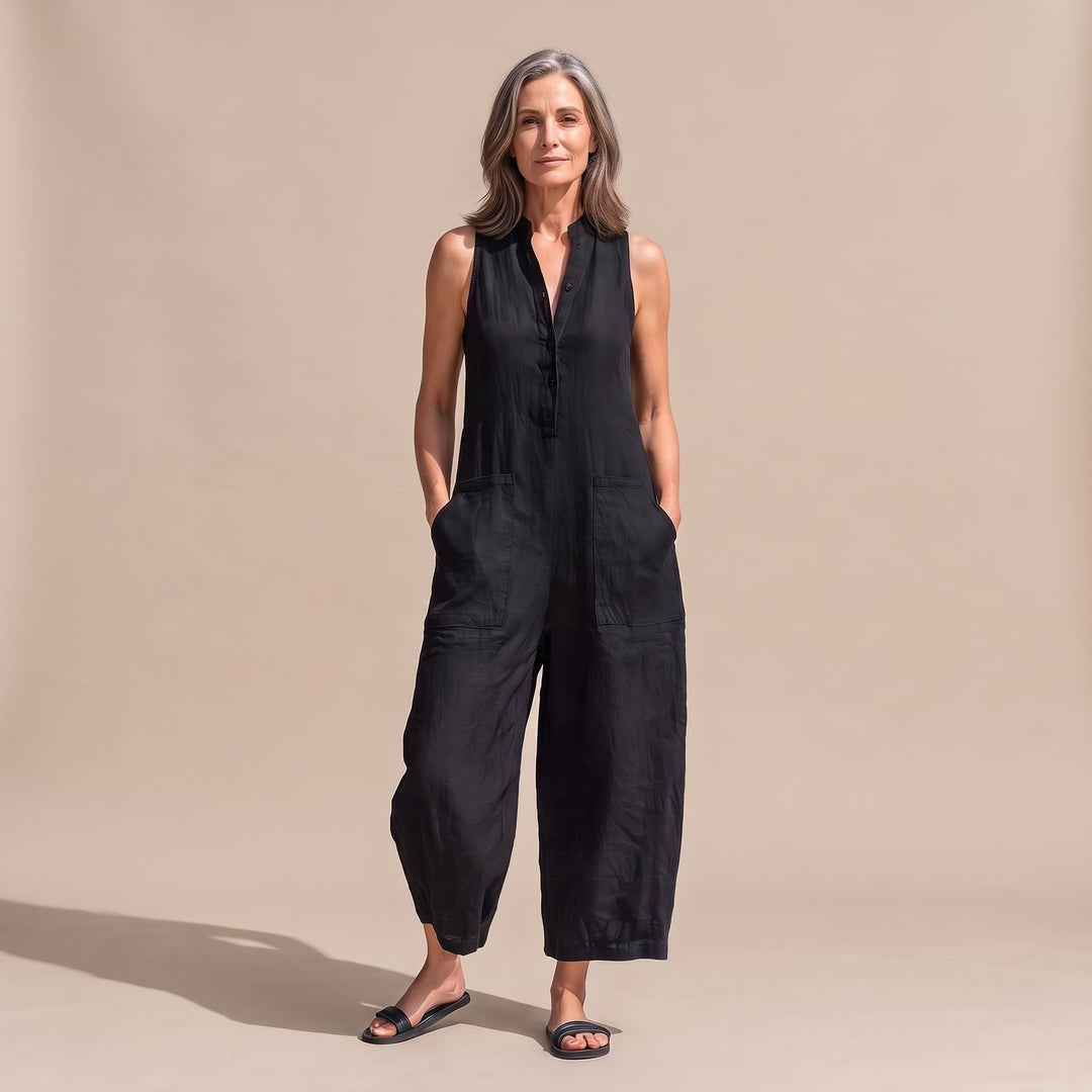 Women's Sleeveless Wide-Leg Linen Jumpsuit with Pockets