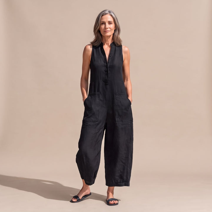 Women's Sleeveless Wide-Leg Linen Jumpsuit with Pockets