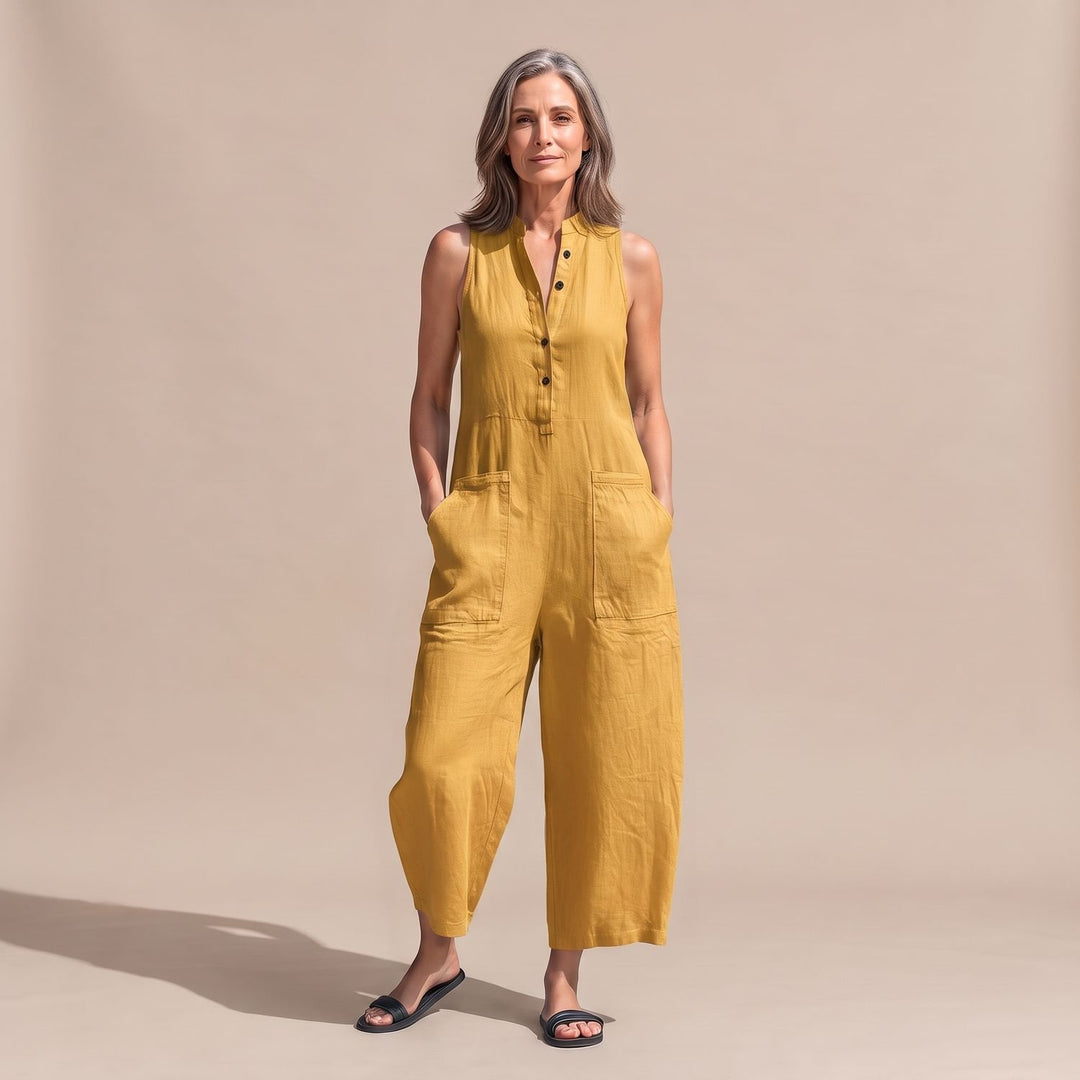 Women's Sleeveless Wide-Leg Linen Jumpsuit with Pockets - Yellow