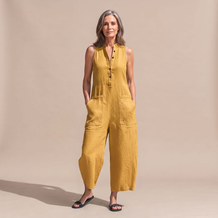 Women's Sleeveless Wide-Leg Linen Jumpsuit with Pockets - Yellow