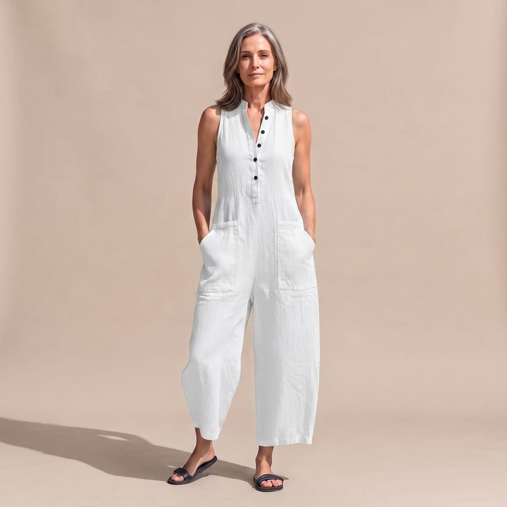 Women's Sleeveless Wide-Leg Linen Jumpsuit with Pockets - White