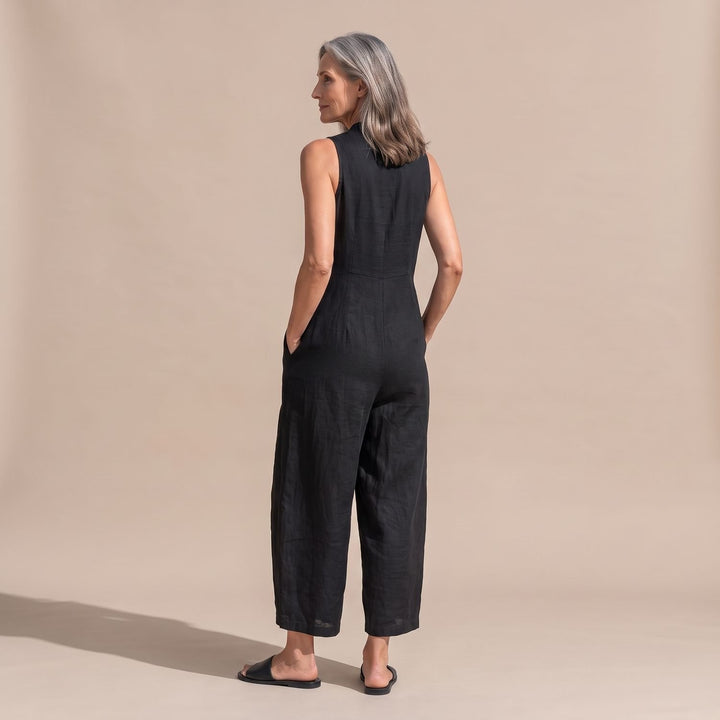 Women's Sleeveless Wide-Leg Linen Jumpsuit with Pockets