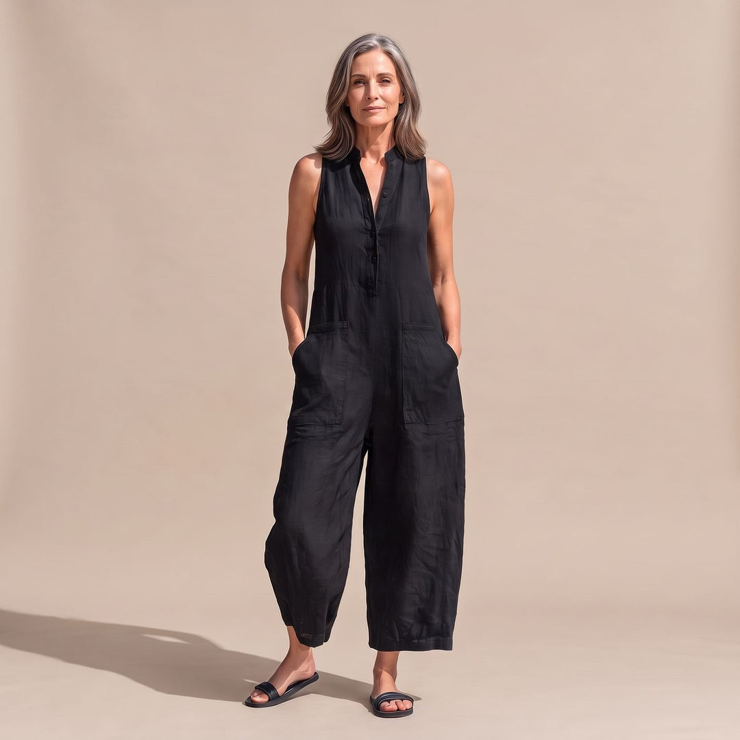 Women's Sleeveless Wide-Leg Linen Jumpsuit with Pockets