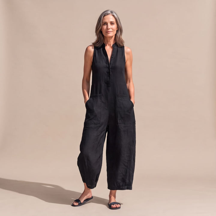 Women's Sleeveless Wide-Leg Linen Jumpsuit with Pockets