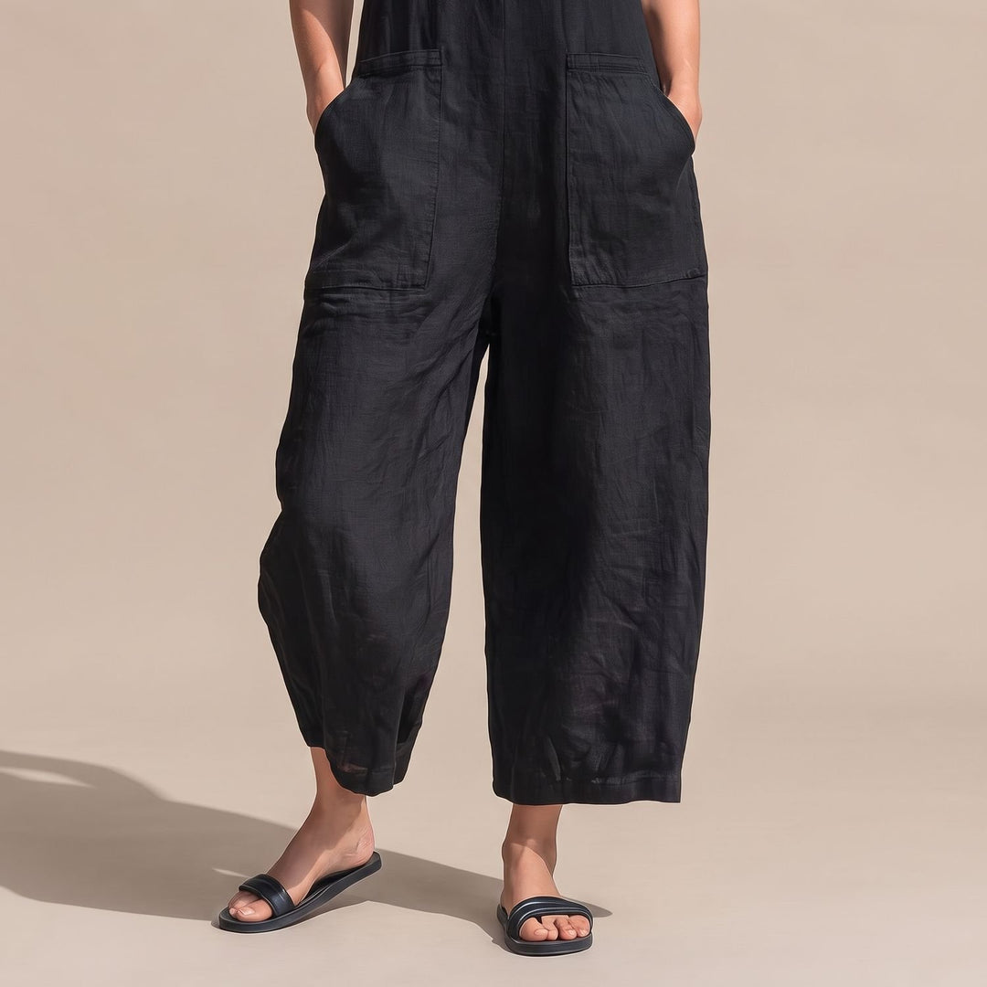 Women's Sleeveless Wide-Leg Linen Jumpsuit with Pockets