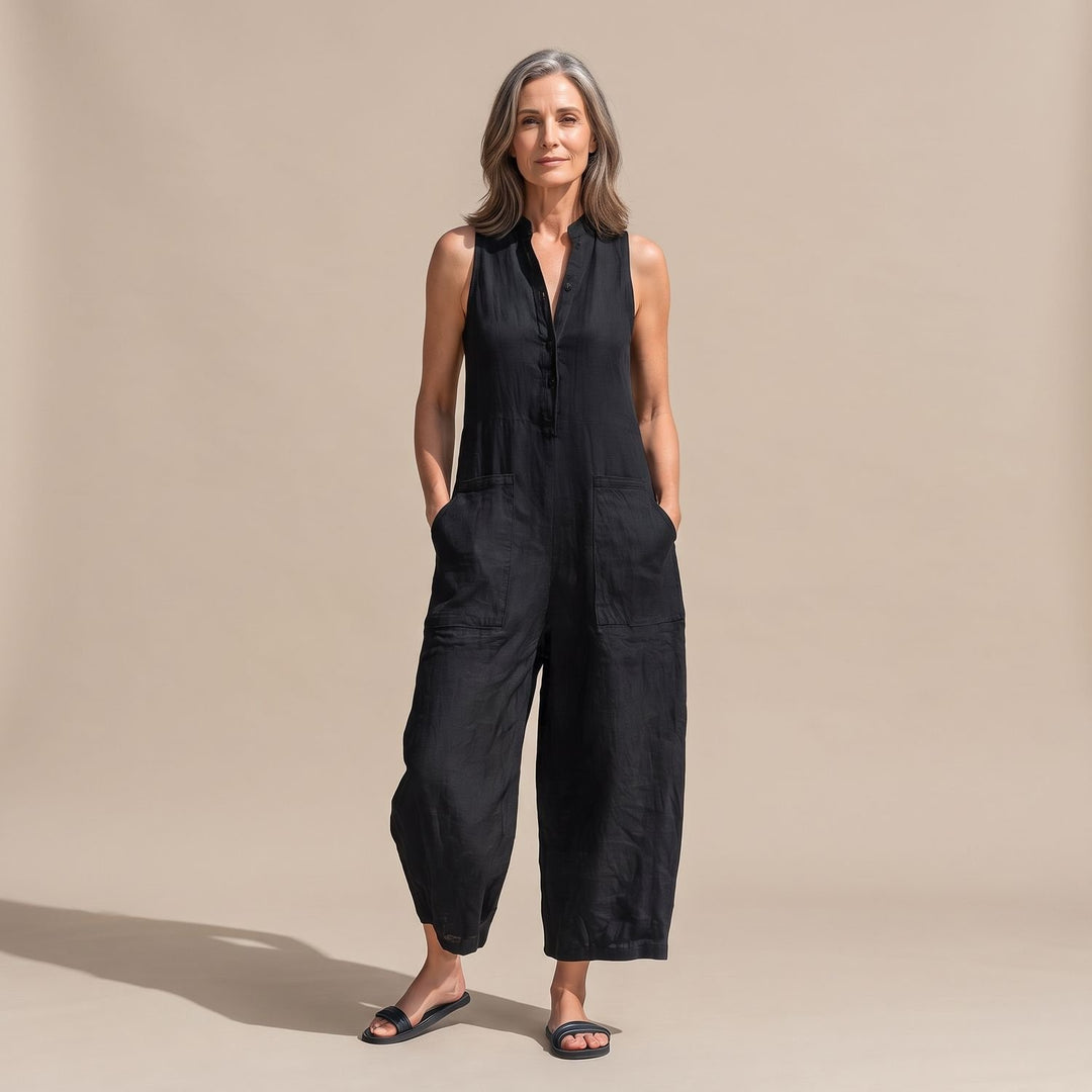 Women's Sleeveless Wide-Leg Linen Jumpsuit with Pockets