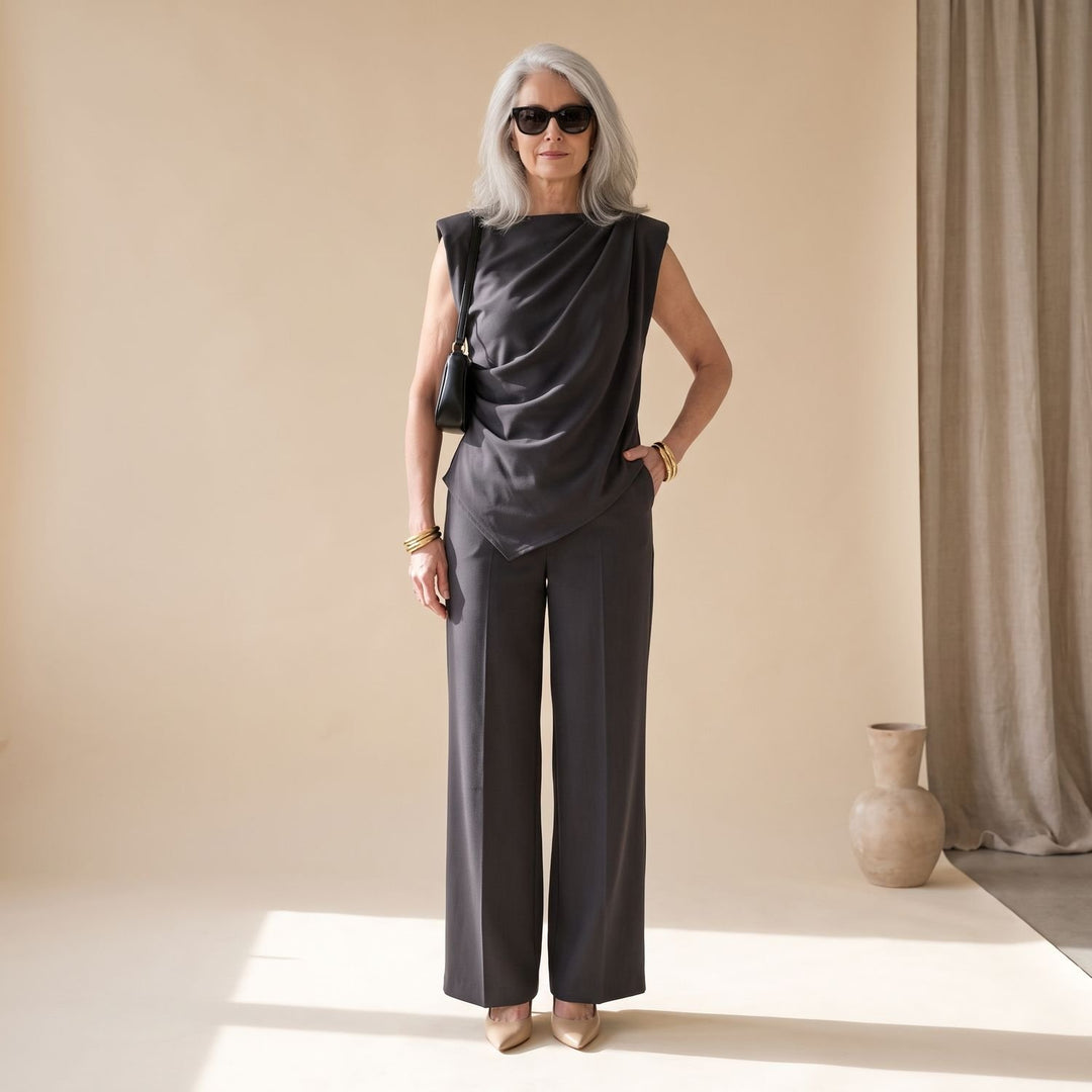 Women's Sleeveless Wide-Leg Two-Piece Coordinated Set - Dark Gray