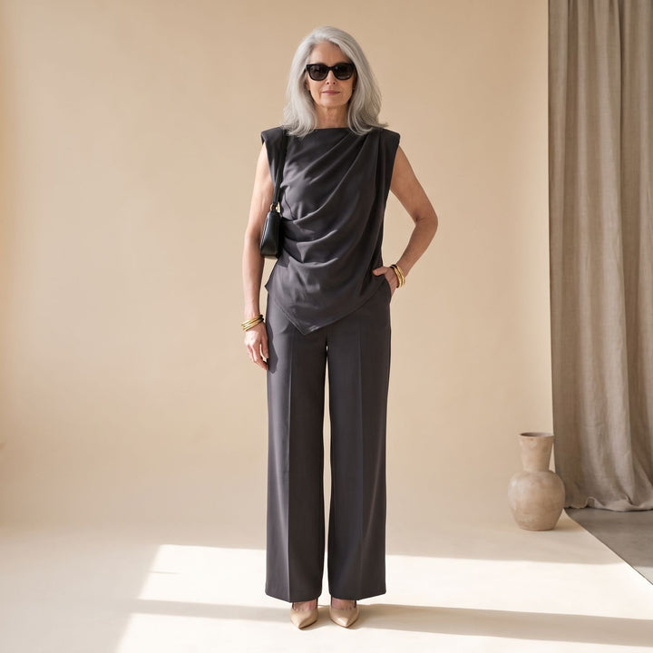 Women's Sleeveless Wide-Leg Two-Piece Coordinated Set - Dark Gray