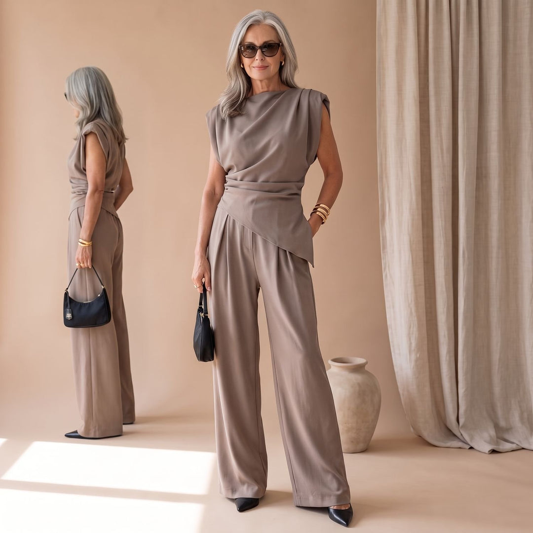 Women's Sleeveless Wide-Leg Two-Piece Coordinated Set - Khaki