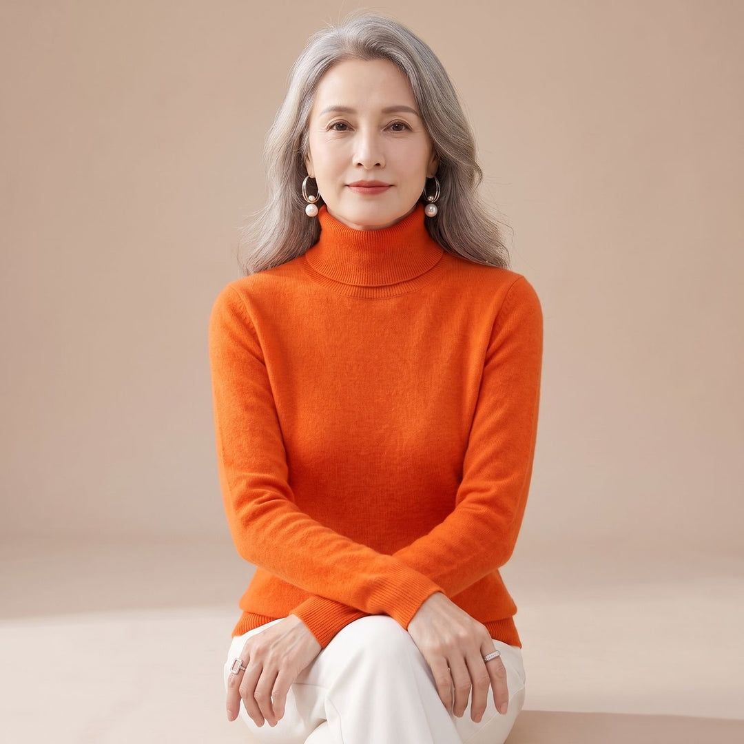 Women's Slim-Fit Cashmere Turtleneck Sweater - Orange