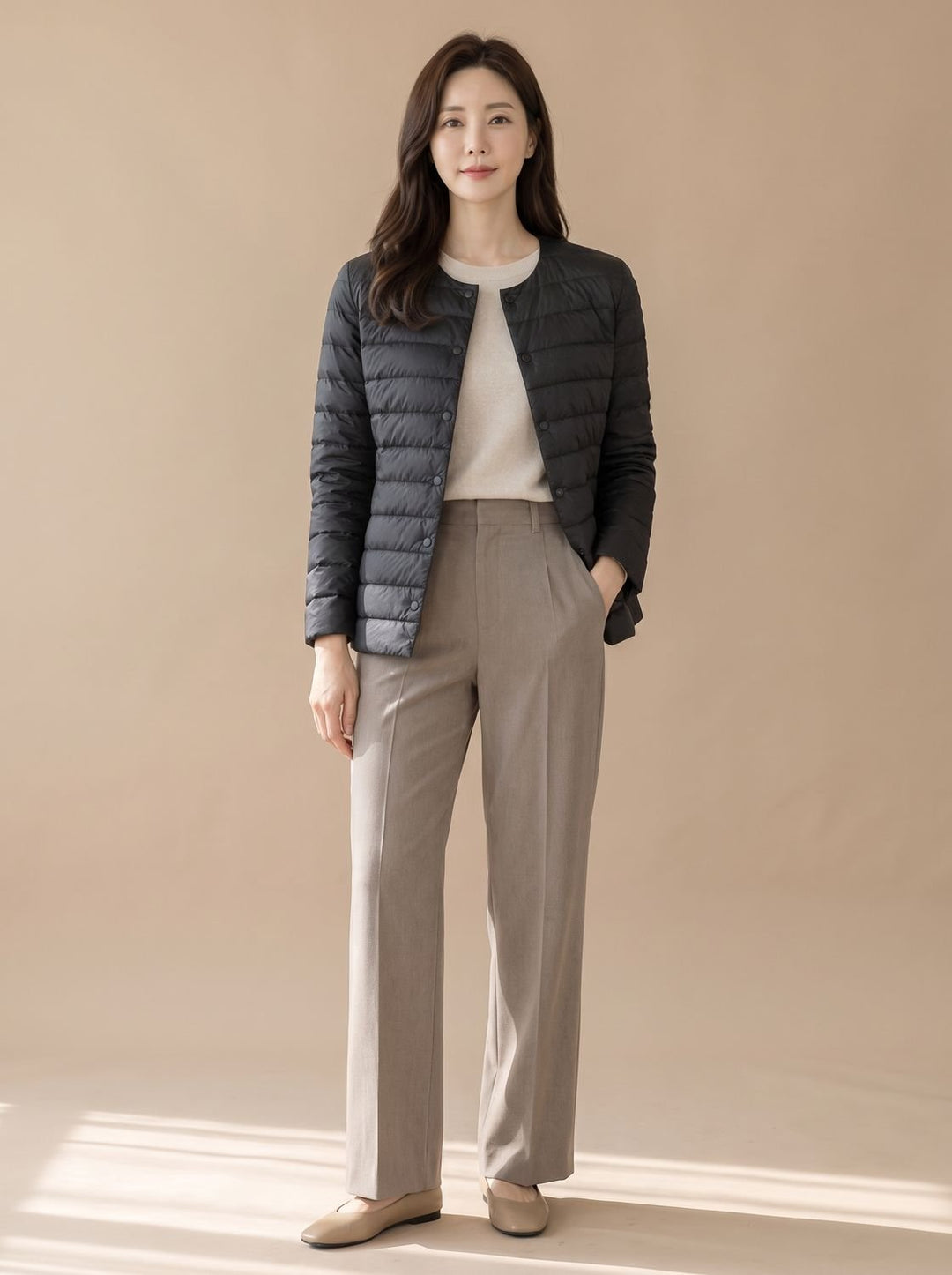 Women's Slim-Fit Collarless Snap-Button Quilted Puffer Jacket - Black