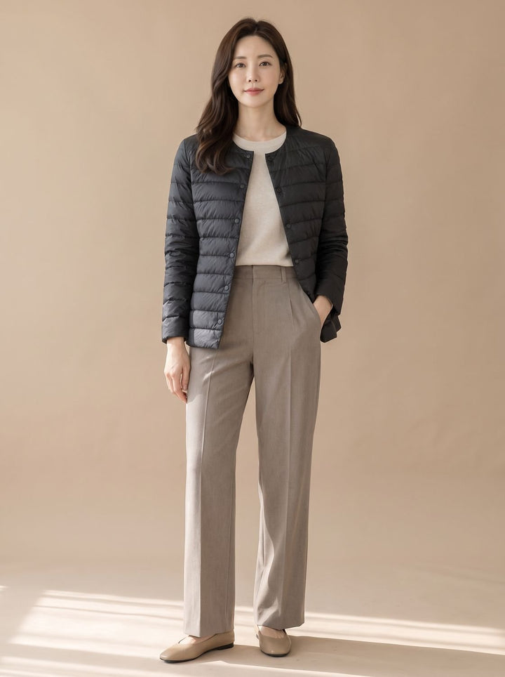 Women's Slim-Fit Collarless Snap-Button Quilted Puffer Jacket - Black